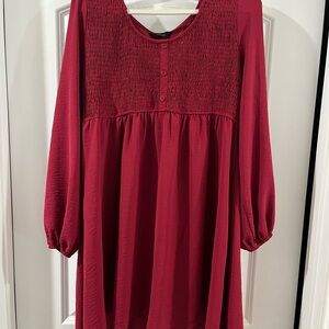 Women's Smocked Yoke Long Sleeve Dress - Garnet Red